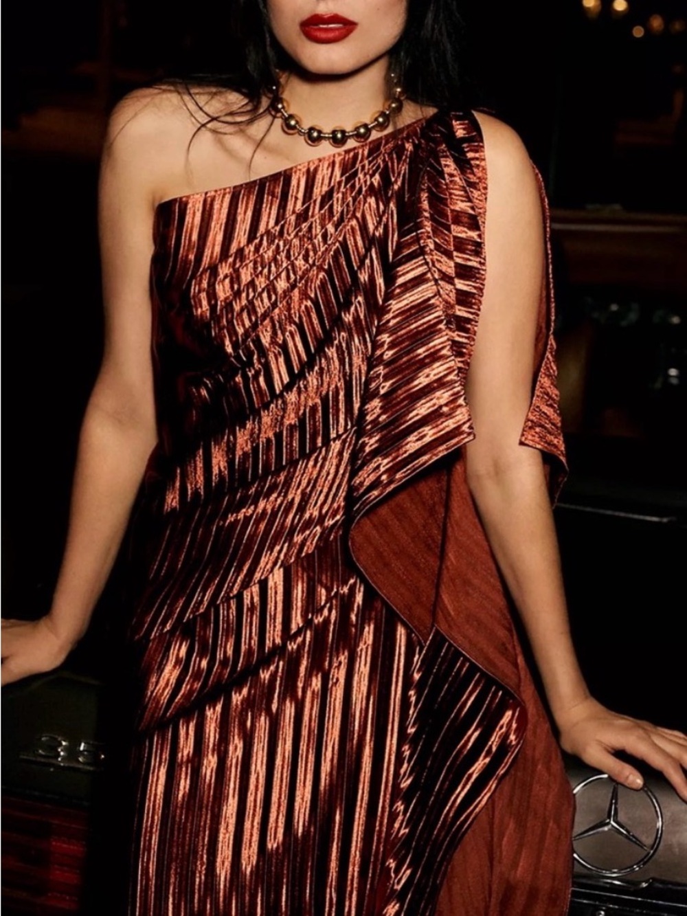 Anthropologie One-Shoulder Metallic Copper Pleated Dress